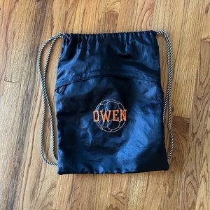 Thirty- One black drawstring bag custom embroidery Owen soccer ball